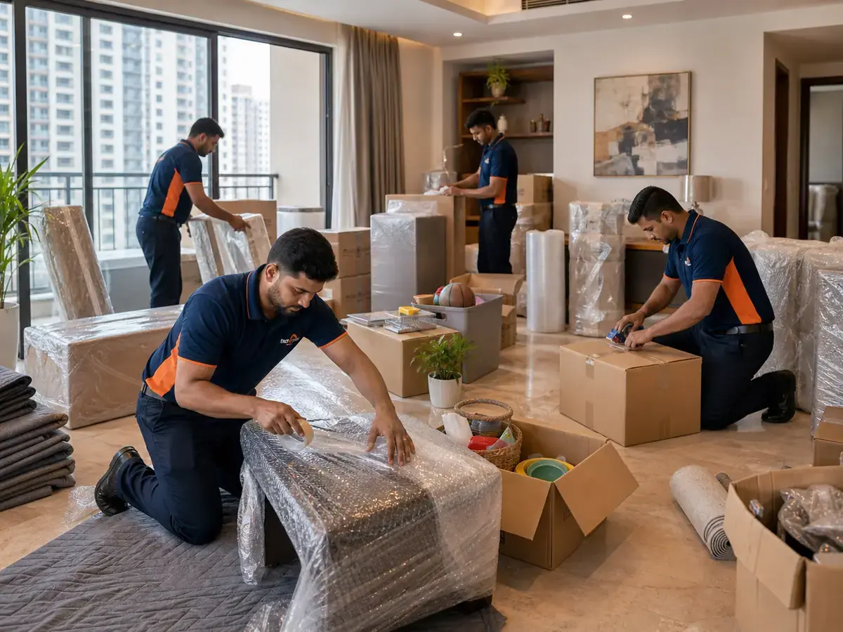 Marshal moving crew carefully packing household furniture in a Mumbai apartment