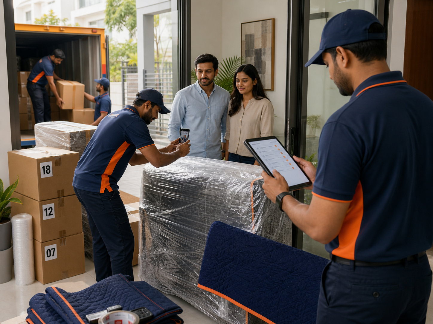 Marshal supervisor documenting packed goods condition for transit