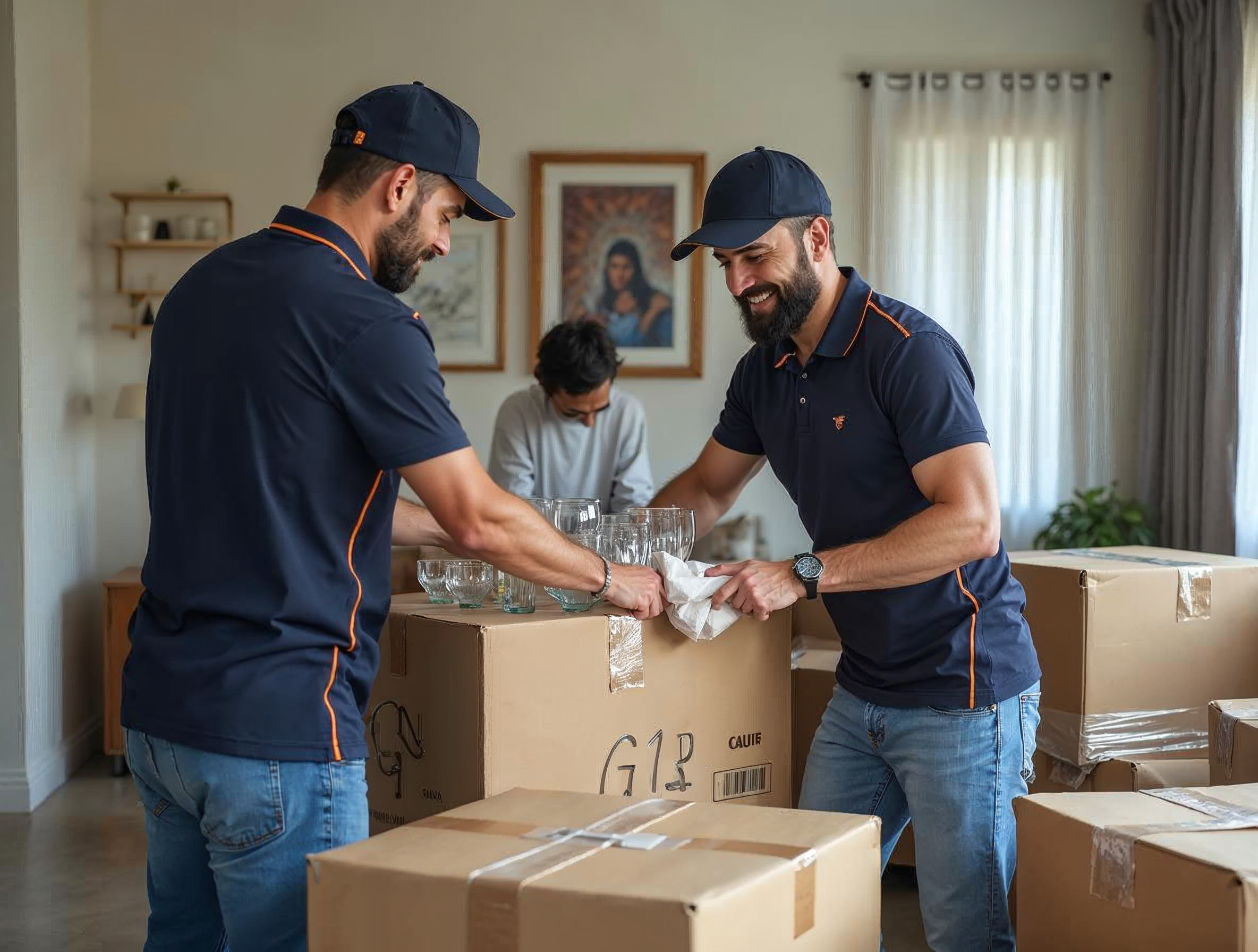 Marshal crew packing fragile household items with supervised care