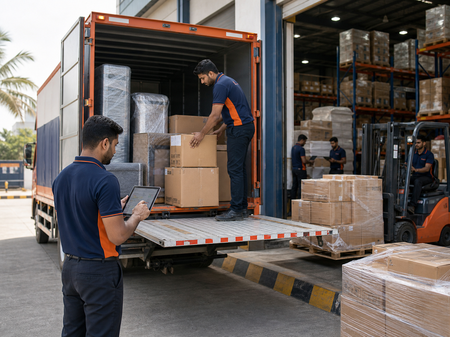 Marshal logistics crew loading business stock at a warehouse dock