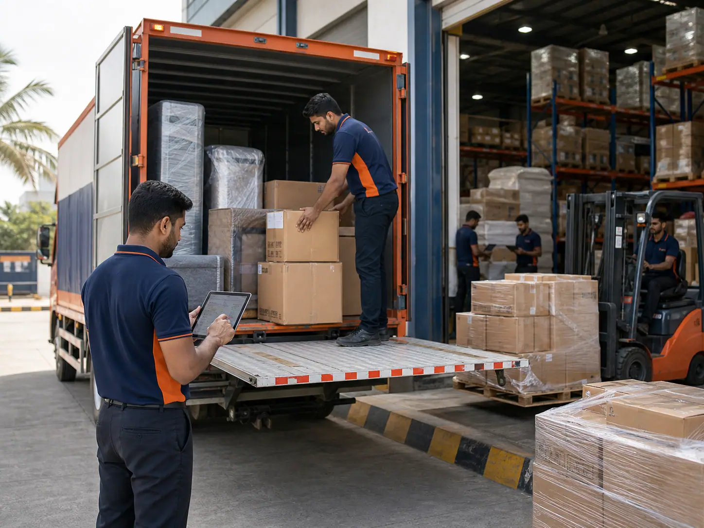Marshal logistics crew loading business stock at a warehouse dock